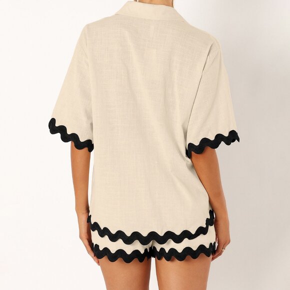 2/$40 Women’s Peach Beige Button Down Shirt & Shorts Set with Black Trim Outfit - Picture 8 of 12